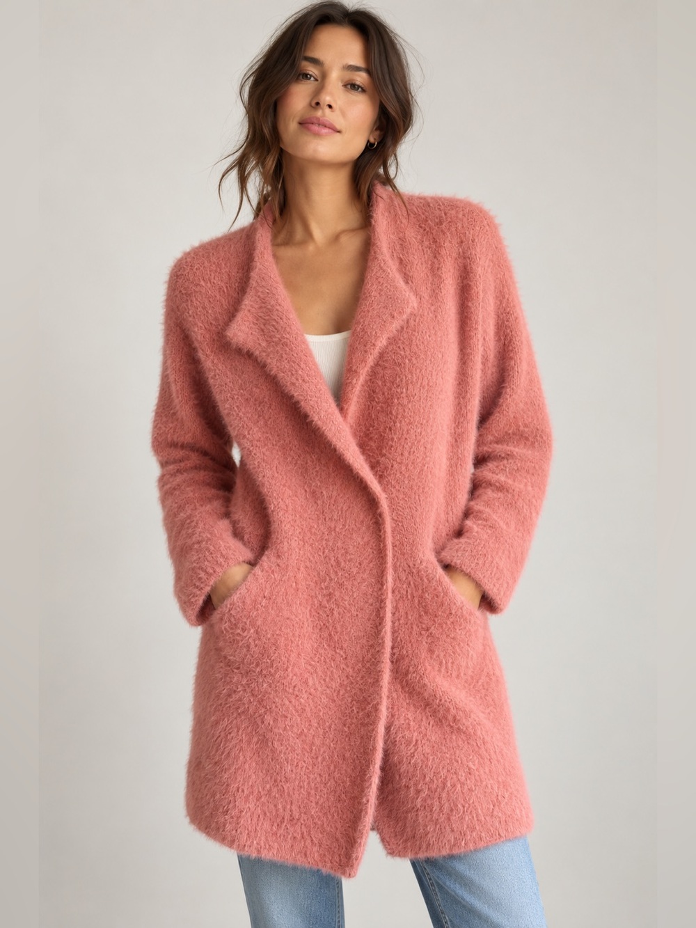 Le Lis Pink Fuzzy Open Front Sweater Jacket | Size Medium